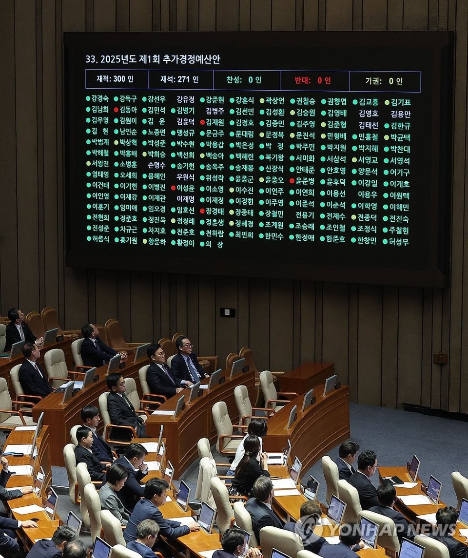 1일&nbsp;국회에서 열린 본회의에서 2025년도 제1회 추가경정예산안이 통과되고 있다. 2025.5.1 / 사진=연합뉴스