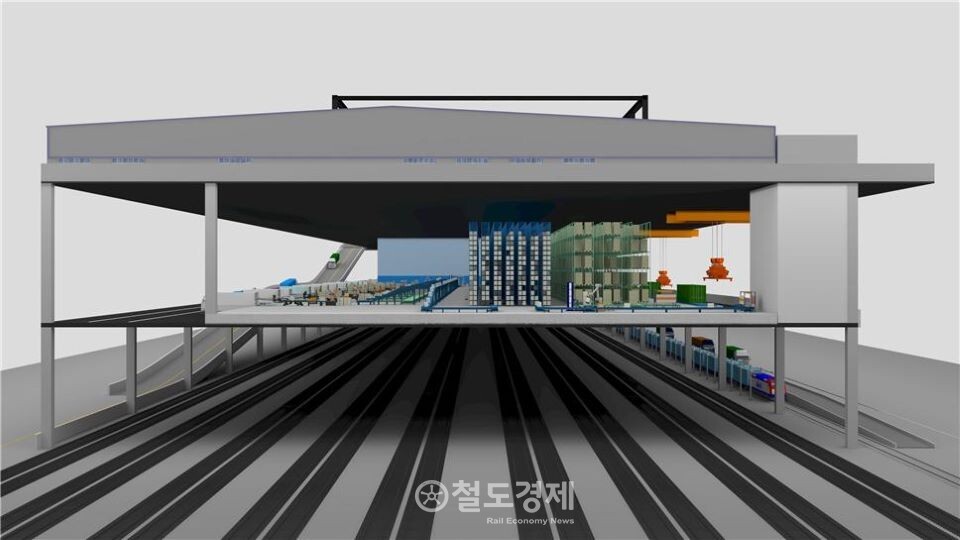 한국철도기술연구원은 철도부지를 활용하는 신개념 '스마트 철도물류 터미널 모델'을 개발했다. 스마트 철도물류 터미널 모델 측면. / 사진=철도연
