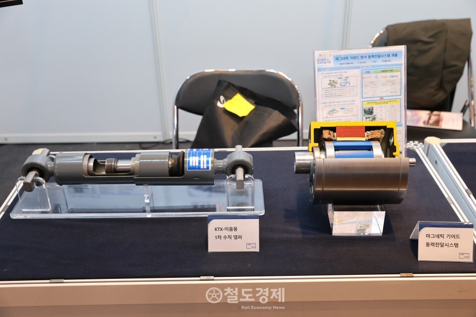 국책 R&D인 철도차량부품개발사업으로 개발한 KTX-이음용 1차 수직댐퍼와 마그네틱 기어 실물과 동력전달시스템 축소모형. 2025.10.30 / 철도경제