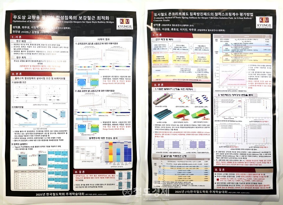무도상 교량용 폴리머 합성침목의 보강철근 최적화(경일대)와 도시철도 콘크리트궤도 침목방진패드의 정적스프링계수 평가방법(경일대) 논문 포스터 발표. 2025.10.30~31 / 철도경제