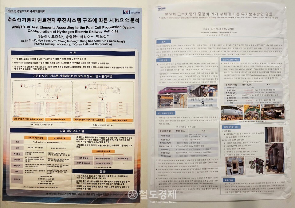 수소전기동차 연료전지 추진시스템 구조에 따른 시험요소 분석(한국산업기술시험원)과 분산형 고속차량의 중정비 기지 부재에 따른 유지보수방안 검토(현대로템) 논문 포스터 발표. 2025.10.30~31 / 철도경제