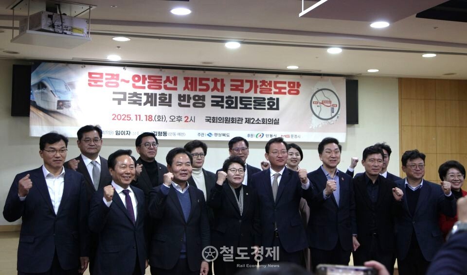 김형동 의원(국민의힘, 안동·예천)과 임이자 의원(국민의힘,문경·상주)의 공동 주최로 열린 이번 토론회에는 김학홍 경북도 행정부지사, 권기창 안동시장, 장철웅 안동시 부시장, 김대식 문경시 부시장 등 경북 주요 지자체 관계자들이 참석했다. 가운데 김형동 의원과 임이자 의원. / 사진 = 철도경제