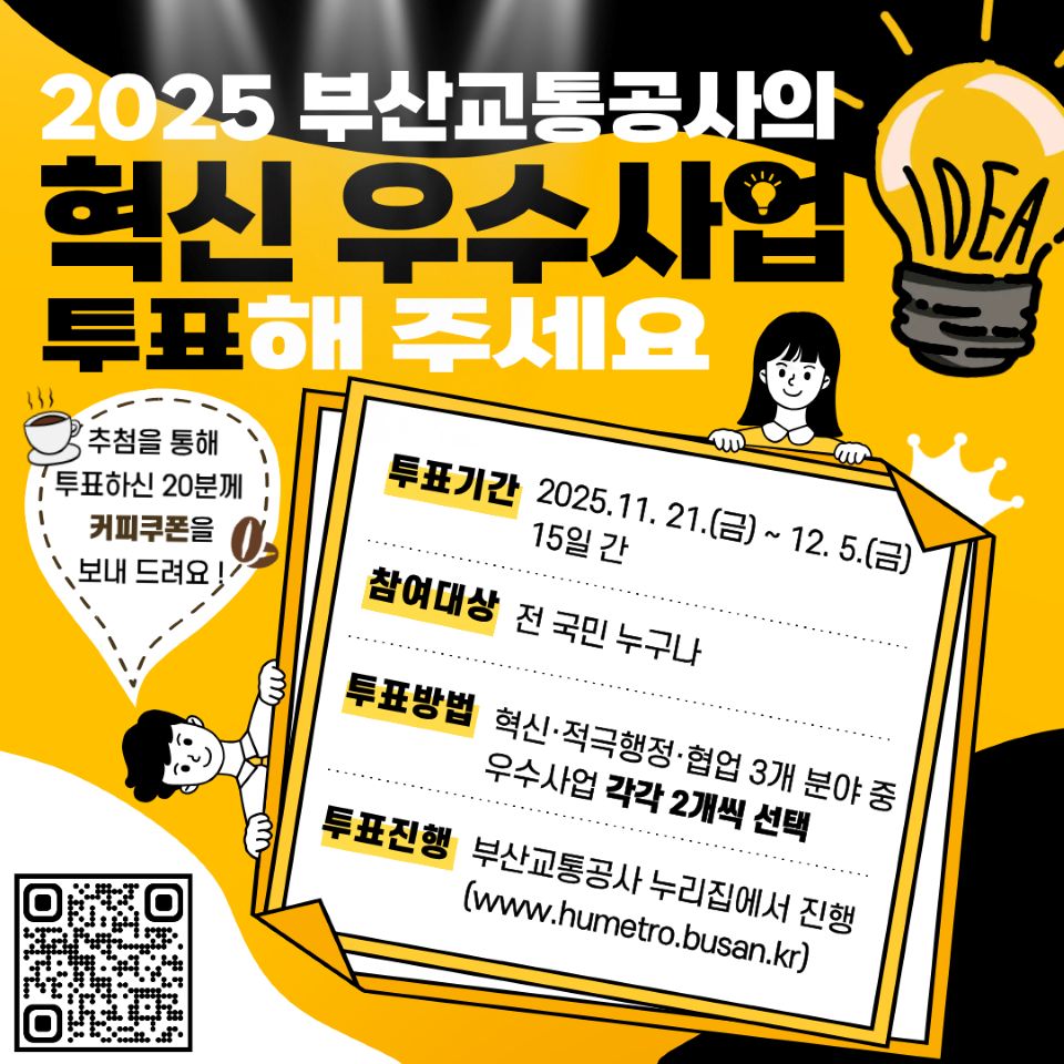 부산교통공사가 '2025년 혁신·적극행정·협업 우수사업 시민 투표'를 진행한다. 투표는 다음달 5일까지 부산교통공사 홈페이지에서 진행된다. 공사는 지난해부터 사업 성과를 시민과 함께 평가하고 우수사업을 선정하고 있다. / 사진=부산교통공사